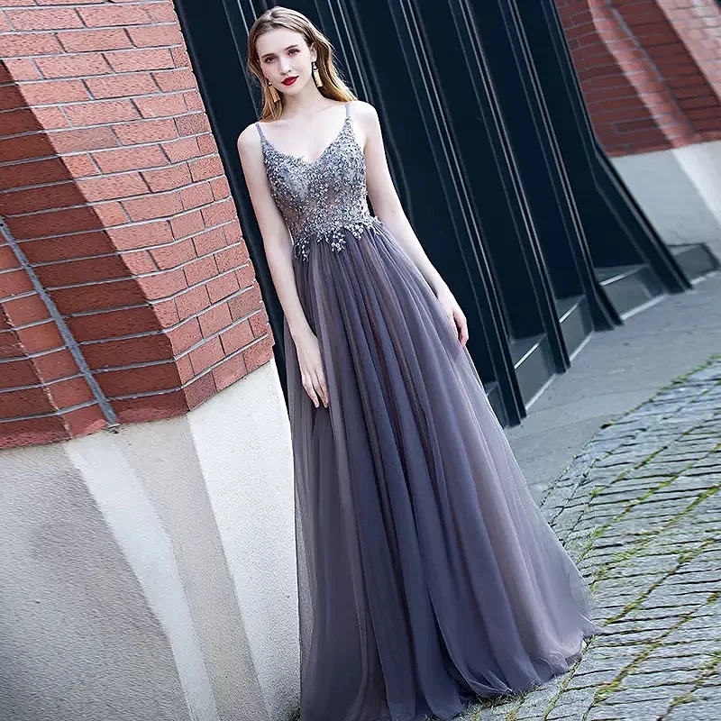

Luxury Beaded V-Neck Evening Dress Spaghetti Strap Sexy Sleeveless A Line Long Party Prom Gowns For Wedding Graduation Ceremony