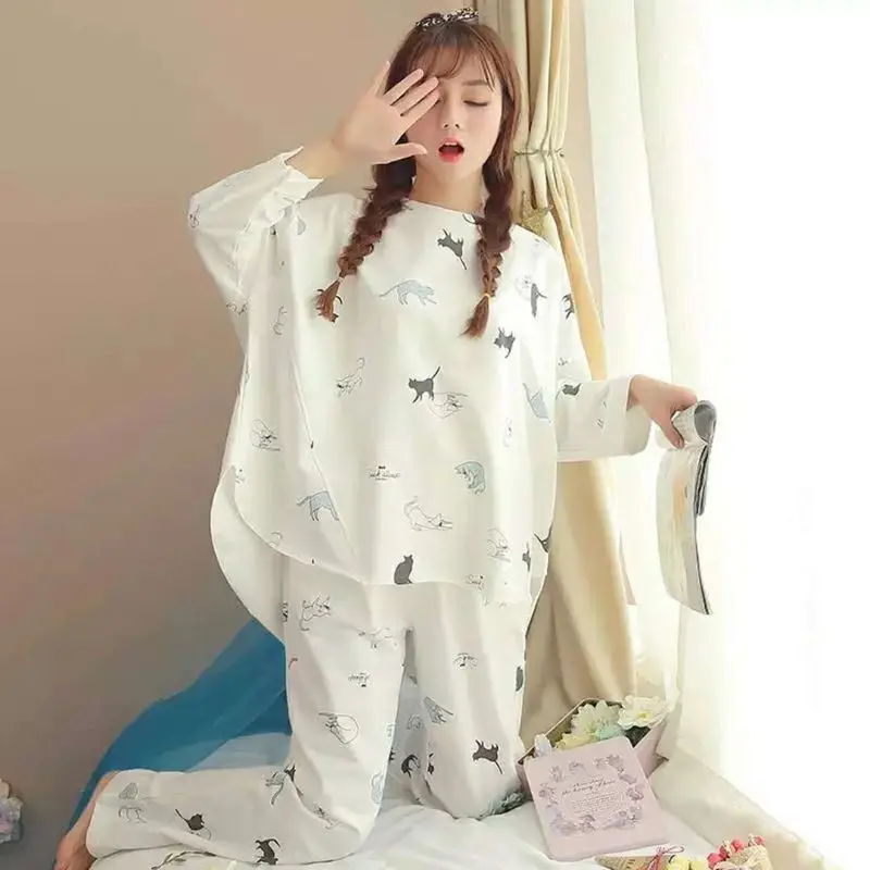 Cute Round Neck Long-sleeved Sleepwear Suits Women's Pajamas Spring Casual Comfortable Home Wear Set Pajamas Set for Women