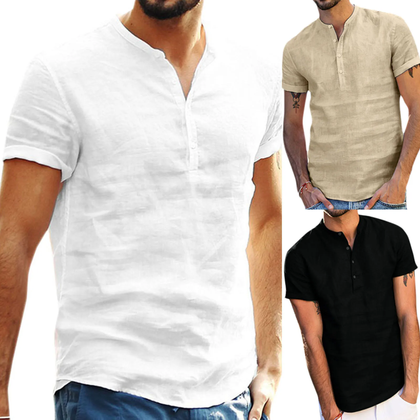 

2021 men’s casual summer stand collar linen cardigan solid color shirt