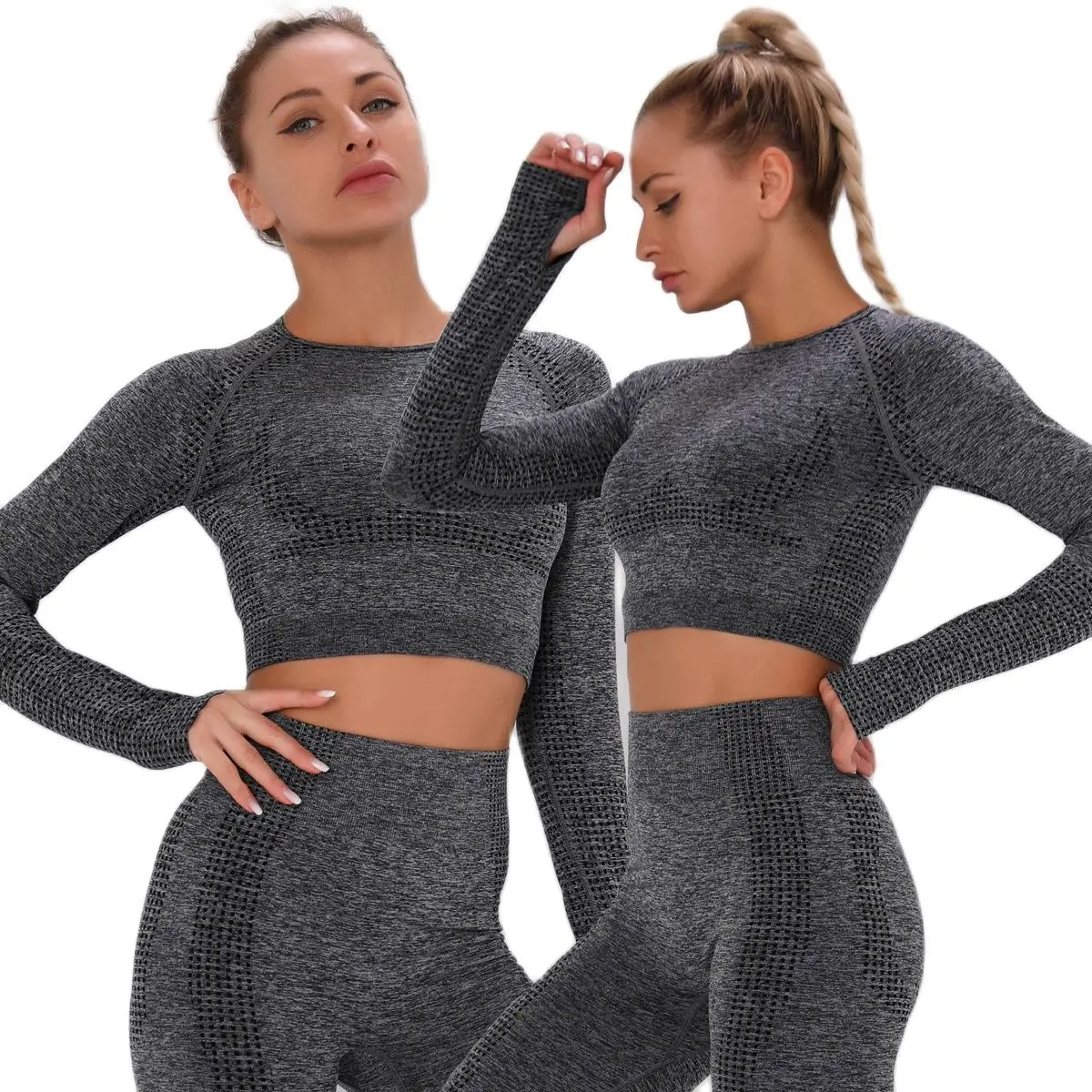 

Yoga Outfit for Women Seamless 2 Piece Vital Workout Gym High Waist Leggings with Long Sleeve Crop Top Set