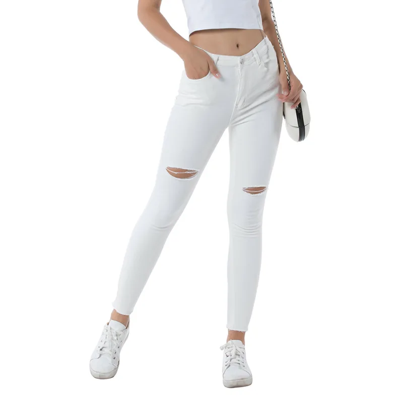

European and American style jeans women ripped stretch wash slim fit jeans white
