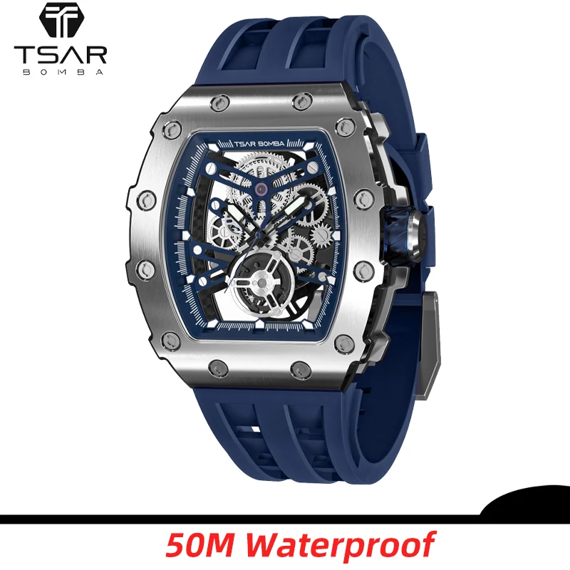 Часы наручные TSAR BOMBA Мужские автоматические, брендовые роскошные механические водонепроницаемые спортивные с механизмом скелетона TMI NH05