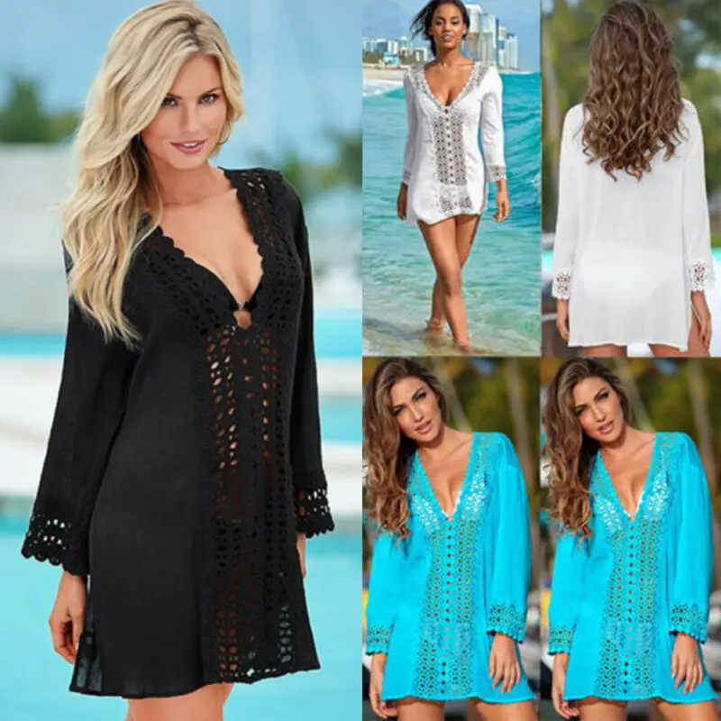 Women Sexy Lace Crochet Bikini Cover Up Beachwear Summer Deep V Neck Beach Dress Bathing Suit | Женская одежда