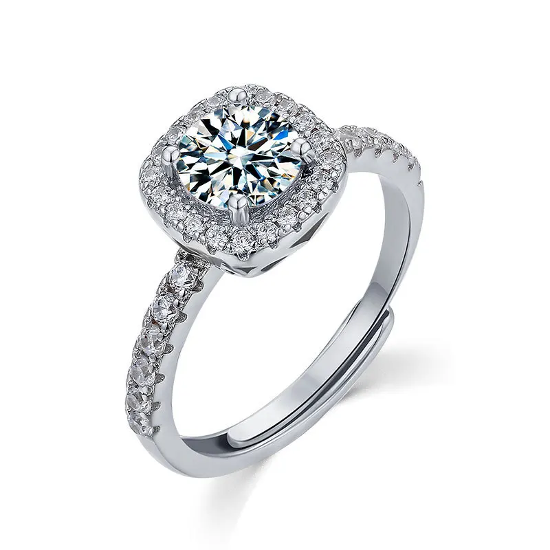

S925 sterling silver ring female classic square bag Mosang diamond round diamond ring female opening adjustable explosions