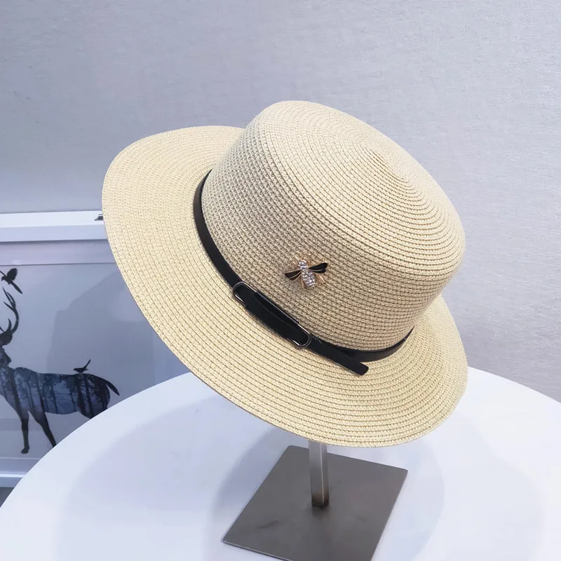 

Summer Hats Brim Straw Beach Side Cap Ladies Sun Fedora Straw Hat Retro Gold Braided Female Sunshade Flat Cap Visors Hats