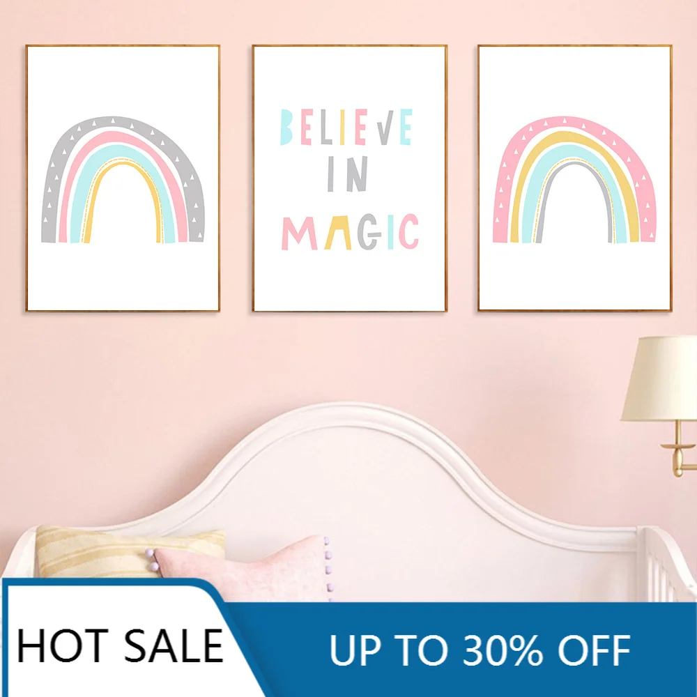 Colorful Rainbow Nursery Canvas Painting Print Believe In Magic Quotes Posters Pink Wall Art Decor Picture Kids Room | Дом и сад