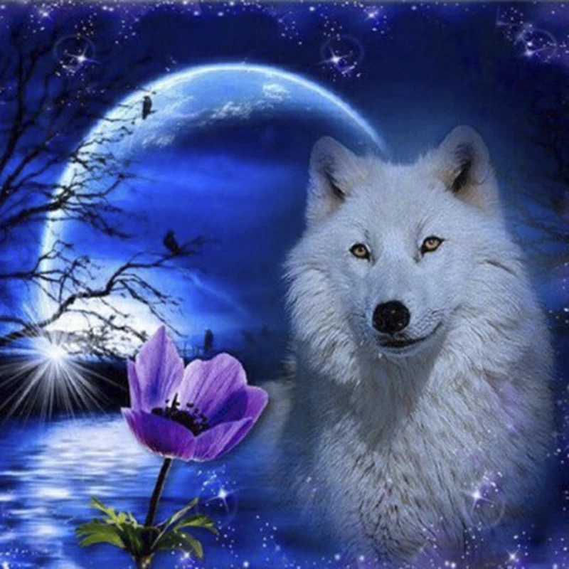 Полноразмерная 5D картина из страз сделай сам вышивка крестиком Луна и волк 3D