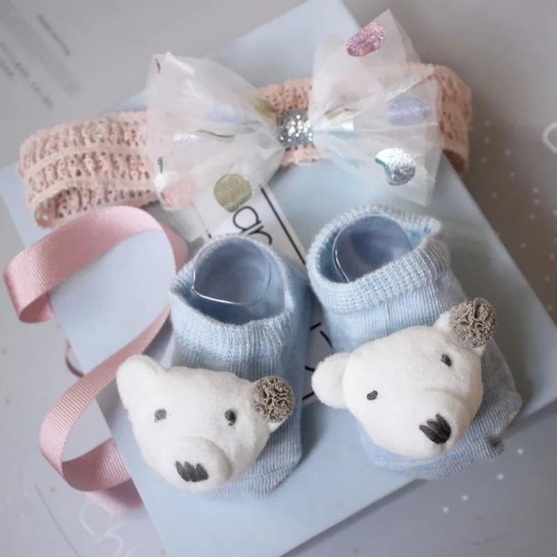 

TBaby Girls Socks And Headband Set Lovely Flowers Decorated Anti-Slip Cotton Ankle Socks With Elastic Hair Band Set