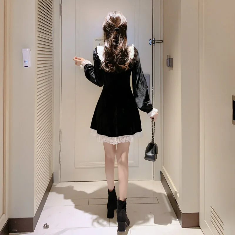 

Autumn Spring Women Black Mini Dress Gothic Lolita Punk Style Ruffles Collar Ribbon Velvet Dress Girl Christmas Lace Party Dress