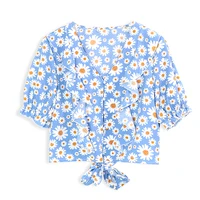 women blouse summer crop tops sunflower print ruffles sashes bowtie v neck buttons vintage girls 2022 shirts blusas fashion xl