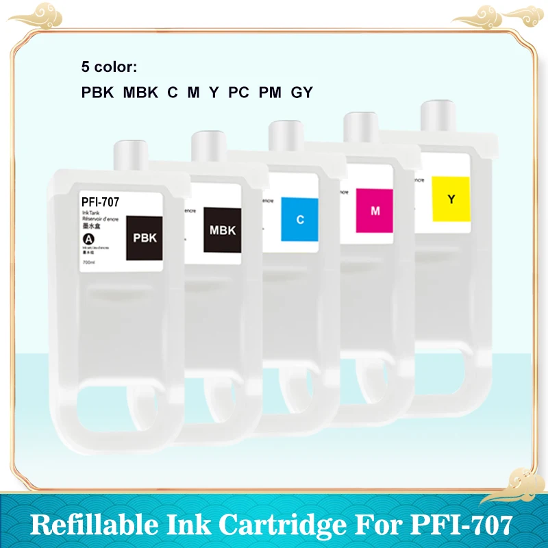 

5 color/set PFI-707 PFI707 Refillable Ink Cartridge With Compatible Chip For Canon IPF830 IPF840 IPF850 Printer 700ML