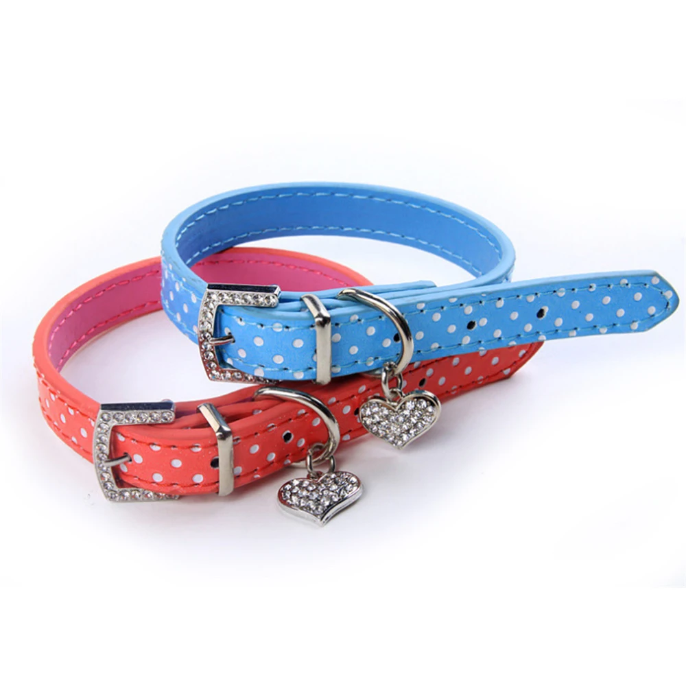 

Dog Collar Adjustable Doggie Neck Strap For Small Dog Puppy Necklace Crystal Diamond Heart Pendant Pet Supplies Shiny Leather