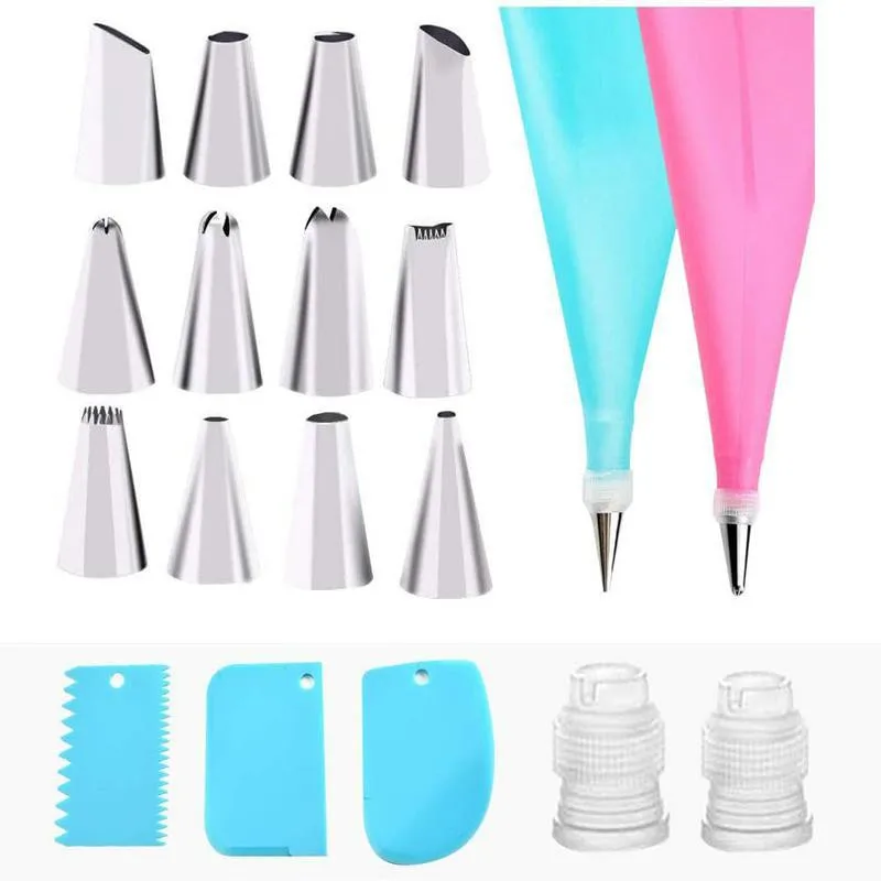 

19Pcs Silicone Icing Piping Cream Pastry Bag Cake Nozzle DIY Cake Decorating Tips Cream Scraper Converter Fondant Pastry Tools