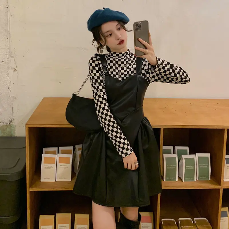 

COOL Women Elegant Strap PU Dress Sleeveless Set 2022 Spring Suspender Dress Checkerboard Bottoming Shirt Top Two-piece Suit