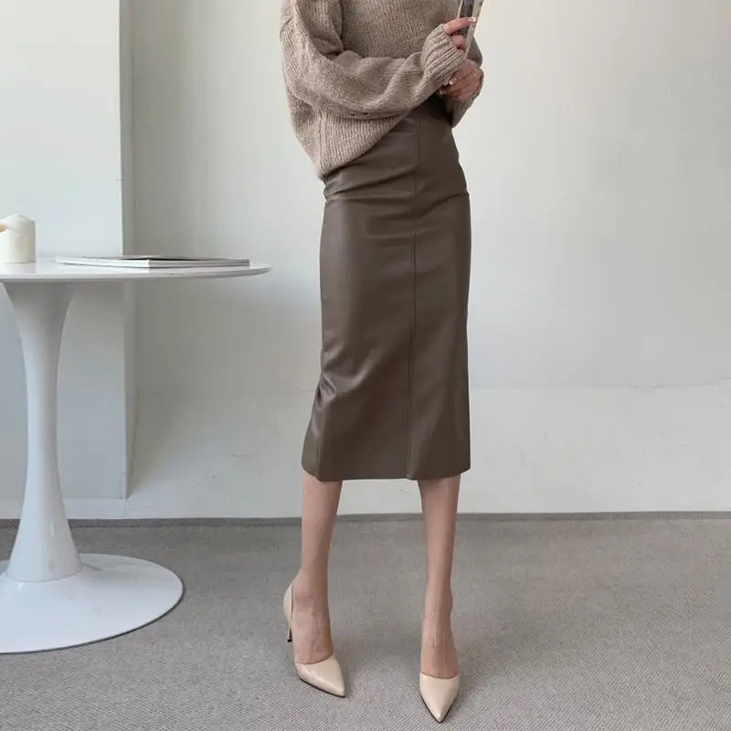 

Women 2021 Spring Streetwear Solid Split PU Leather Skirt Fashion High Waist Slim Female Straight Faux Leather Skirt