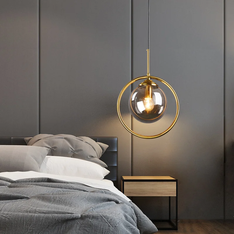 

Modern Glass Ball Pendant Lighting Fixture Golden Ring Kitchen Dining Room Bar Bedside Hanging Lamps Luminaire Suspension Lights