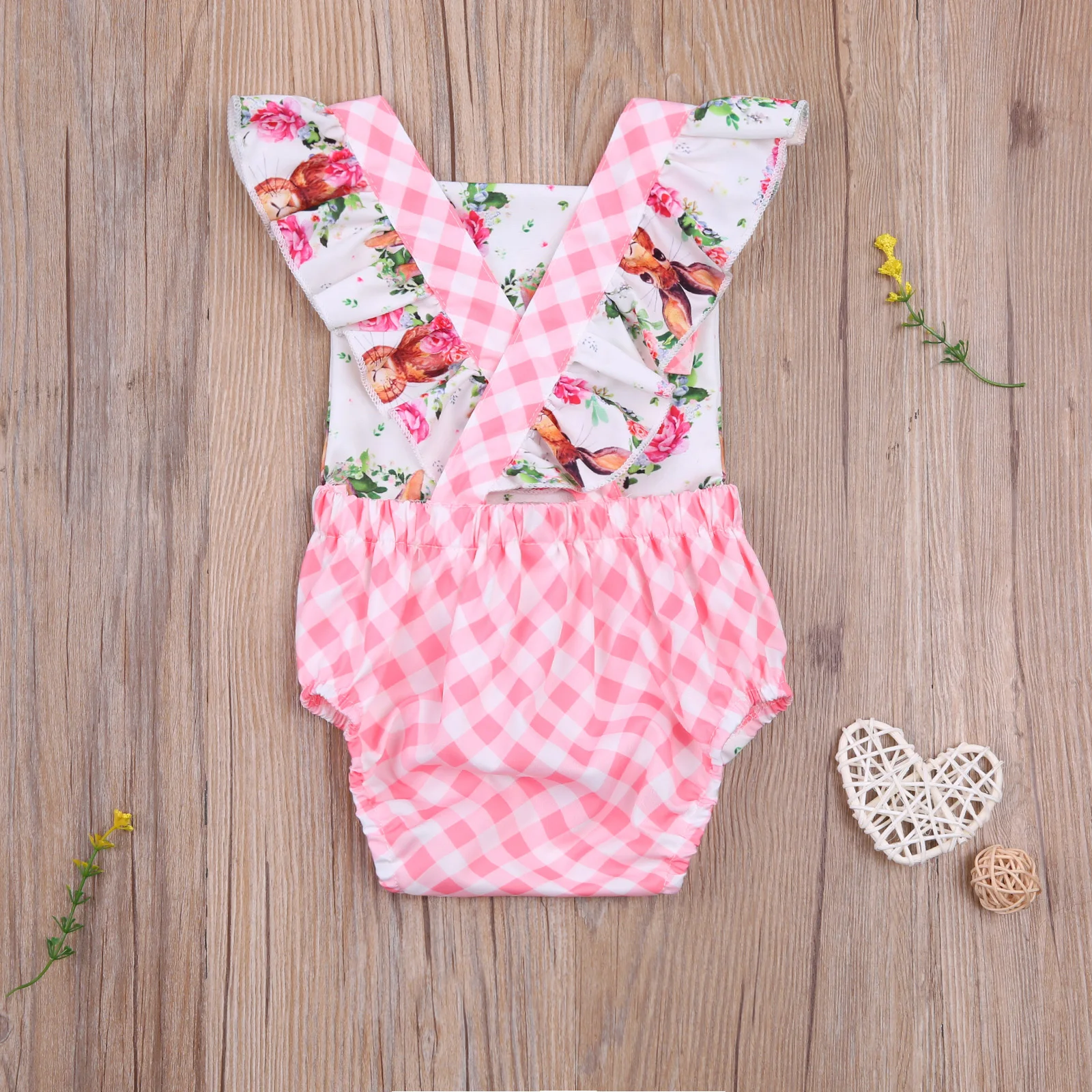 

2021 New Easter 0-18M Baby Girl Garland Bunny Print Bodysuit Flared Short Sleeve Back Pink Plaid Toddler Rabbit Summer Clothes