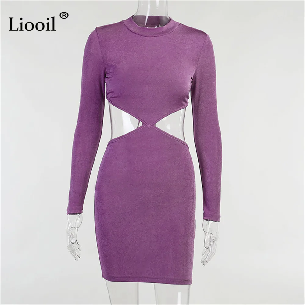 

Liooil Purple Blue Backless Bodycon Mini Dress Women 2021 Long Sleeve O Neck High Waist Drawstring Hollow Out Party Sexy Dresses