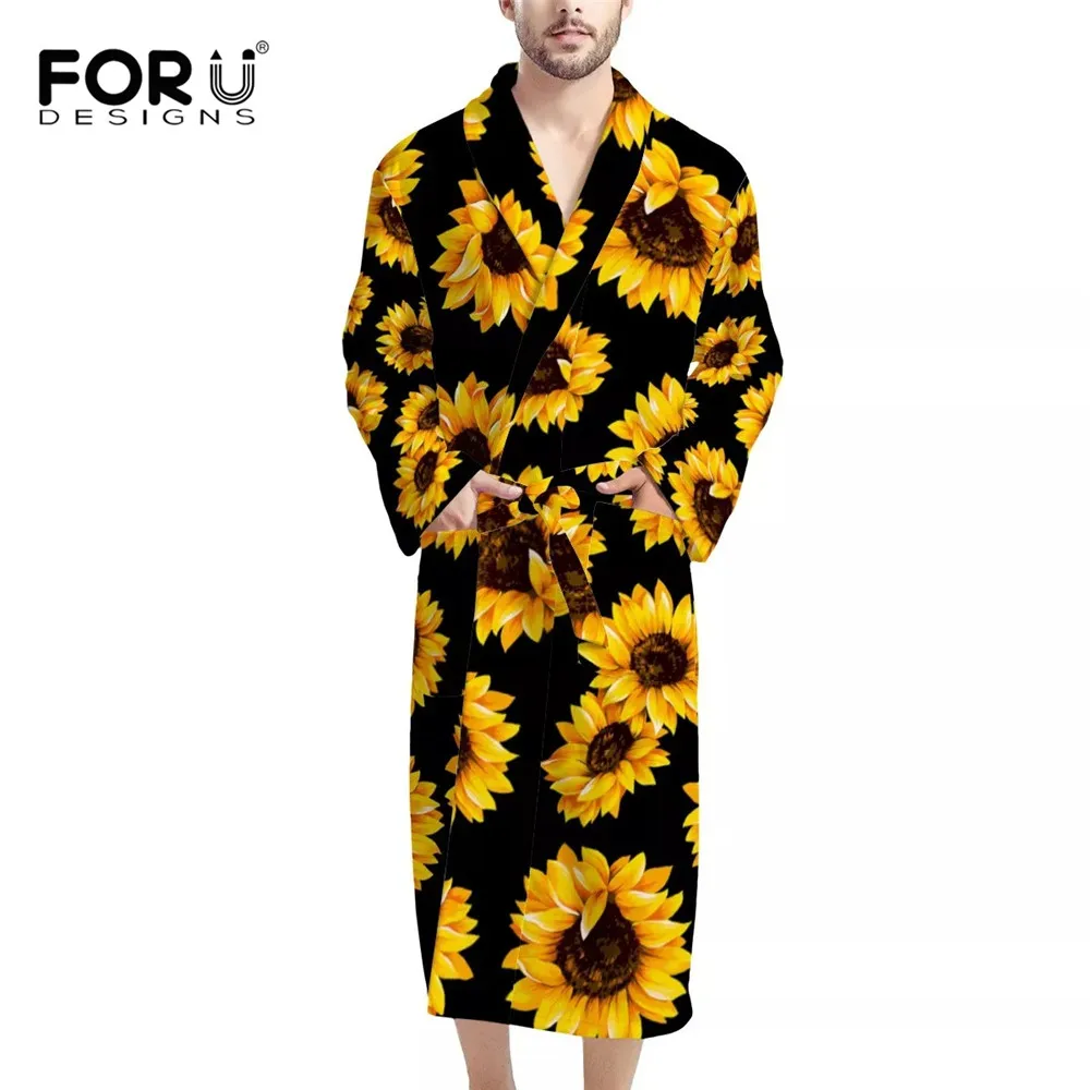 

FORUDESIGNS Men Bathrobe Sunflower Kimono Bathrobe Gown Coat V-Neck home clothing nightly Bathrobes Warm Flannel Kimono Robes