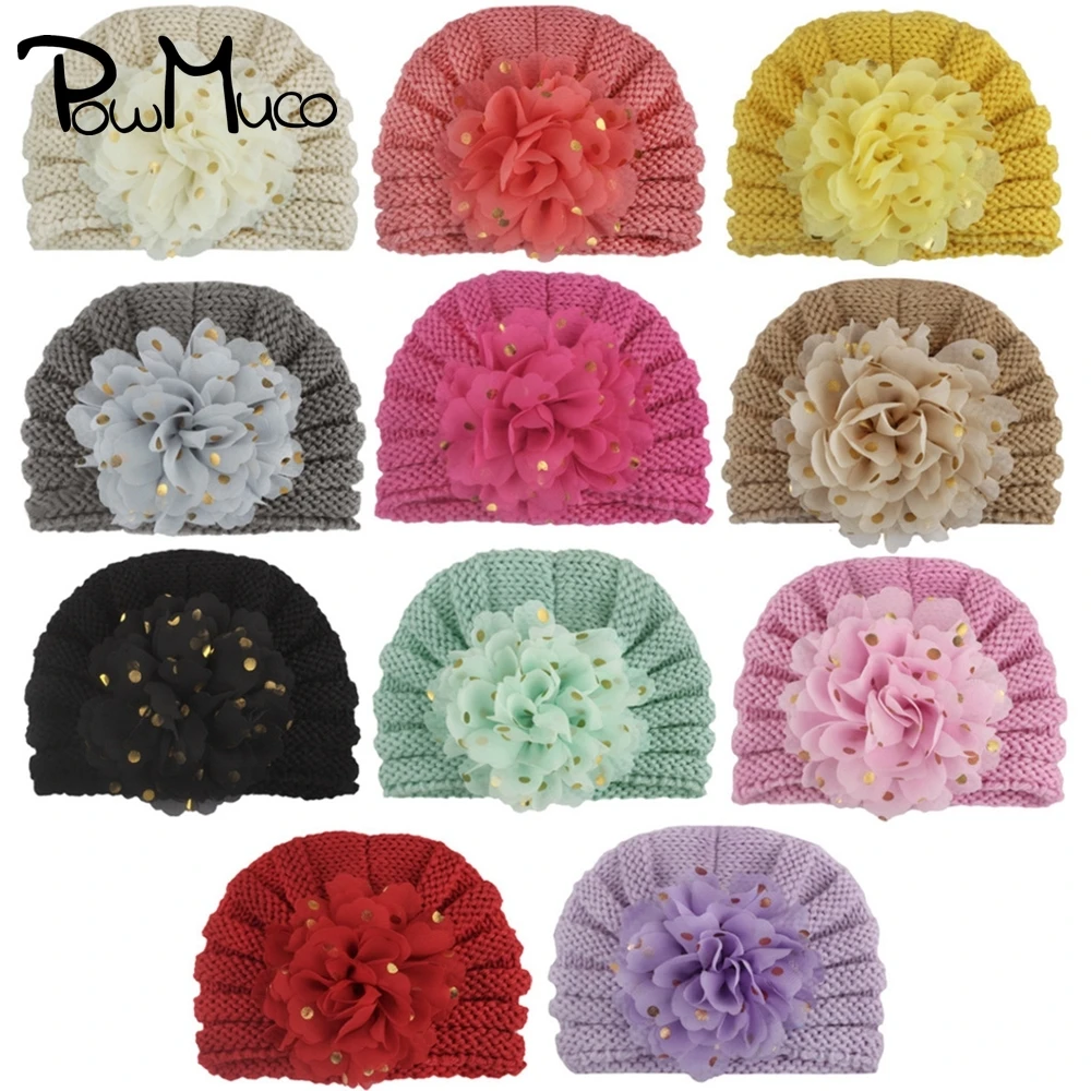 

Powmuco 17*13 CM Comfortable Soft Knitting Wool Infant Hat Cute Golden Dots Flowers Toddler Cap Warm Children Beanie Photo Props