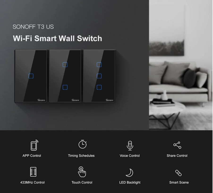 SONOFF T3 UK/US/EU Wifi сенсорный экран переключатель работает с Amazon Alexa/Google Home/для Google Nest/Роскошная стеклянная панель/светодиодный светильник