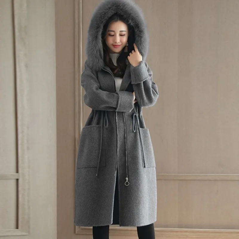 Женское шерстяное пальто с меховым воротником длинная куртка капюшоном