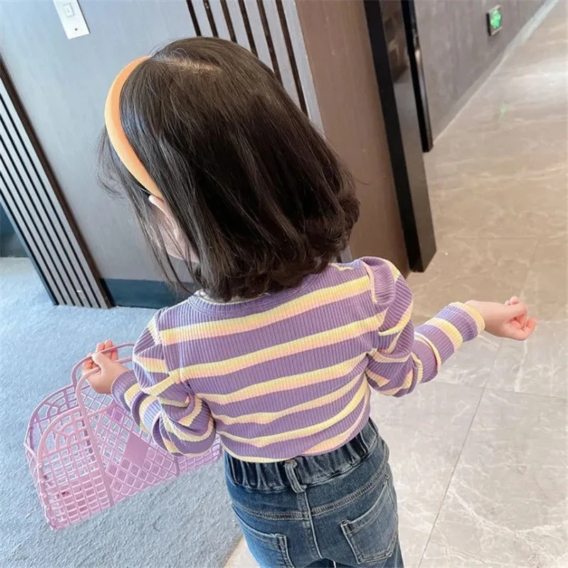 

Girls Striped T-shirt tees tops children's foreign style bubble sleeve top baby long sleeve bottom t-shirt P5671