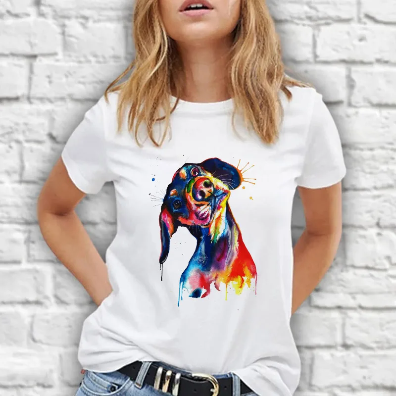 

Womens White T-shirts Basic T-shirt Tops Tee Simple Cartoon Pattern Dog Printing Female Summer White Tshirt T Shirt Tshirts