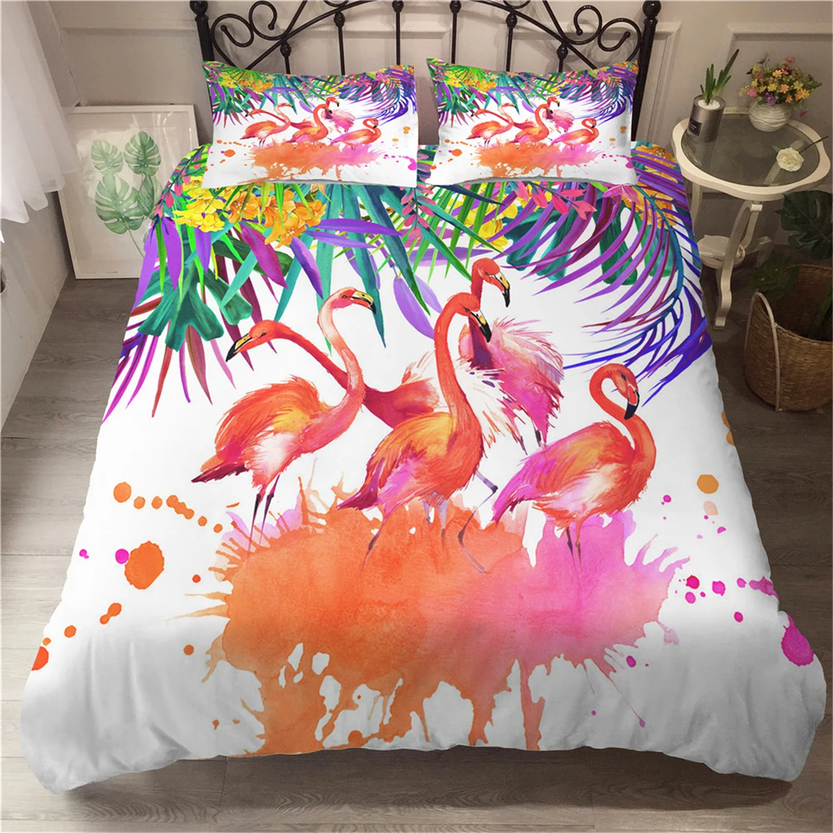 Красочные художественные постельные принадлежности Фламинго лист тропического