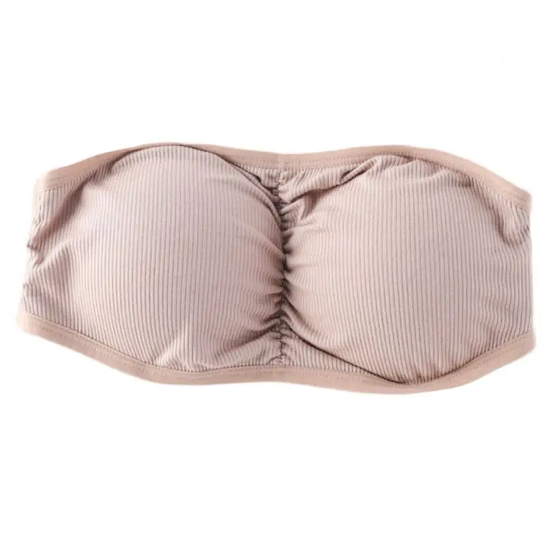 Womens Sexy Strapless Ruched Push Up Bra Padded Hollow Out Backless Wireless Underwear Bandeau Thread Ribbed Adjustable Bralette