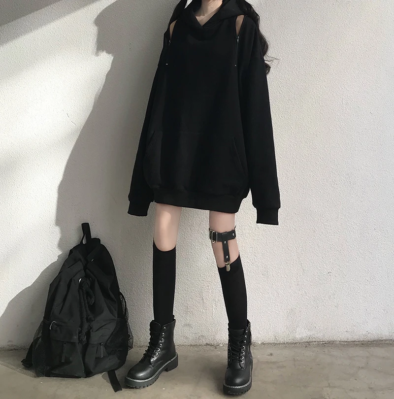 

Women Gothic Hoodie Long Oversized Tops Casual Loose Punk Harajuku Aesthetic Streetwear Sweatshirt with Hat