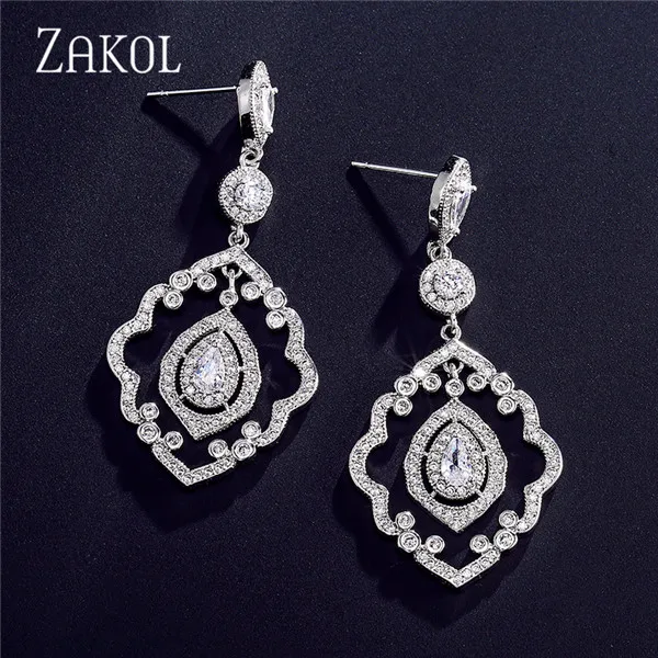 ZAKOL новые винтажные большие блестящие серьги-капли с фианитами для женщин, роскошные свадебные украшения, большие серьги FSEP2217