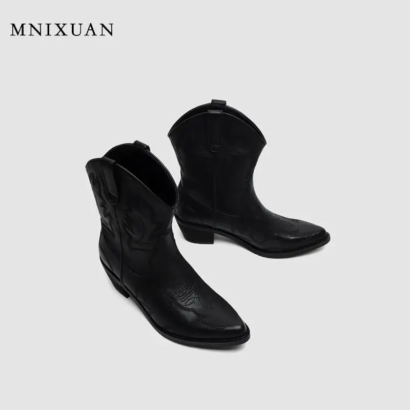 MNIXUAN Women Cowboy Boots women shoes genuine leather western punk shoes Pointed Toe High Heel Ankle Boots Black Booties