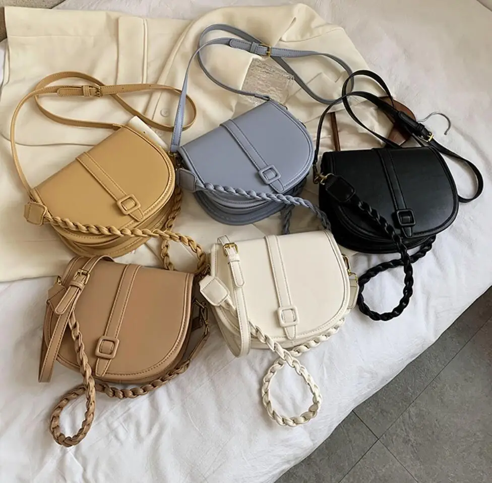 

Weave Shoulder Strap Saddle Bag 2021 Fashion New Quality PU Leather Women's Designer Handbag Solid Color Shoulder Messenger Bag