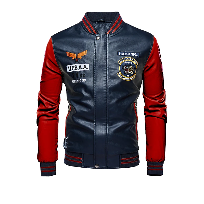 Dark Blue DDT45 Новинка, мужская куртка из искусственной кожи, брендовая бейсбольная куртка с вышивкой, мужская повседневная Роскошная зимняя теплая флисовая куртка-пилот - Цвет: Dark Blue DDT45