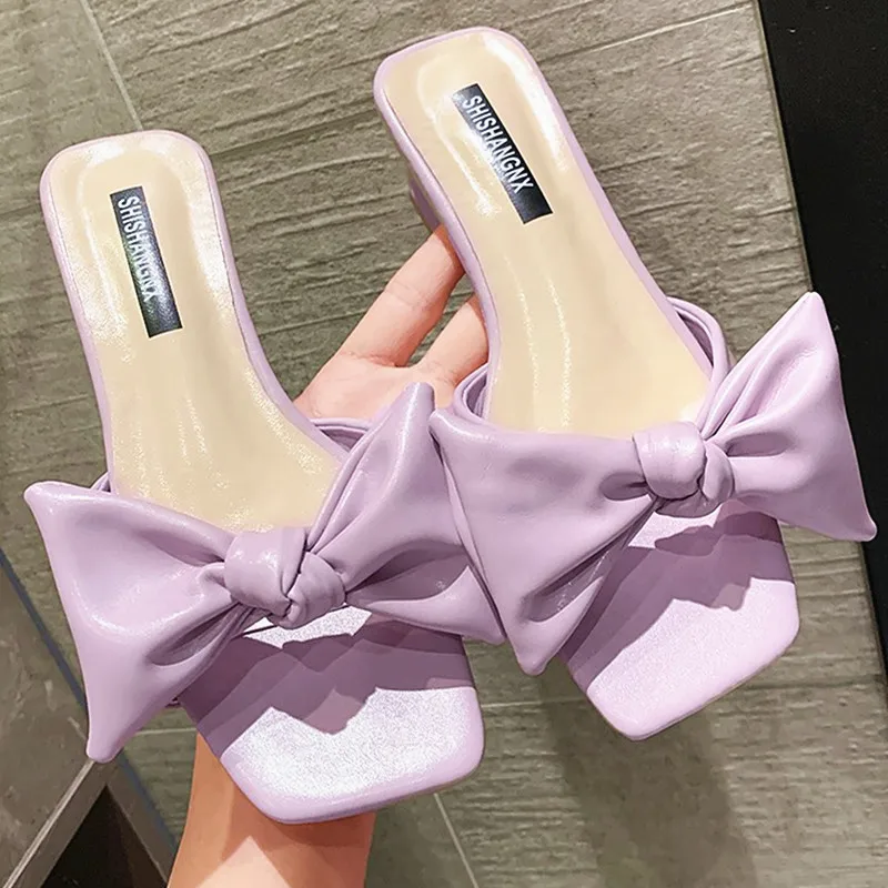 

Summer Women High Heel Sandals Open Toe Bowknot Slippers 2021 New Purple Blue Shoes Woman Outdoor Beach Womens Slippers