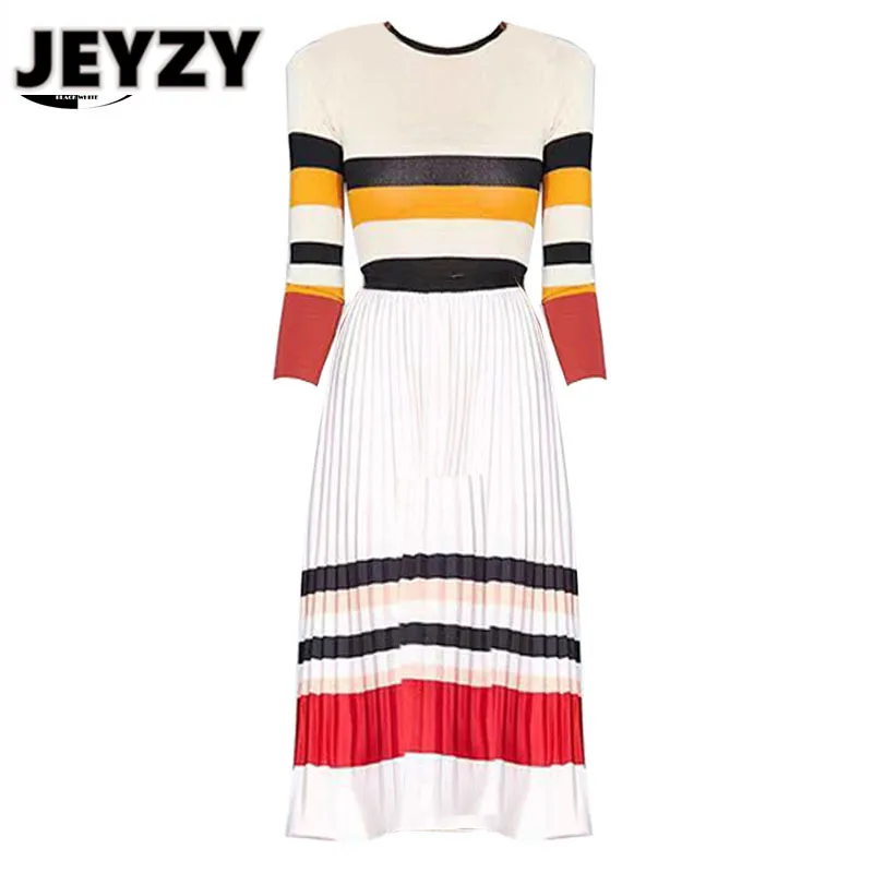 

Autumn Fashion Office Knitting Striped Tops And Midi Pleated Skirts Elegant Casual Chic Traf Two Piece Sets Women 2piece Suit ZA