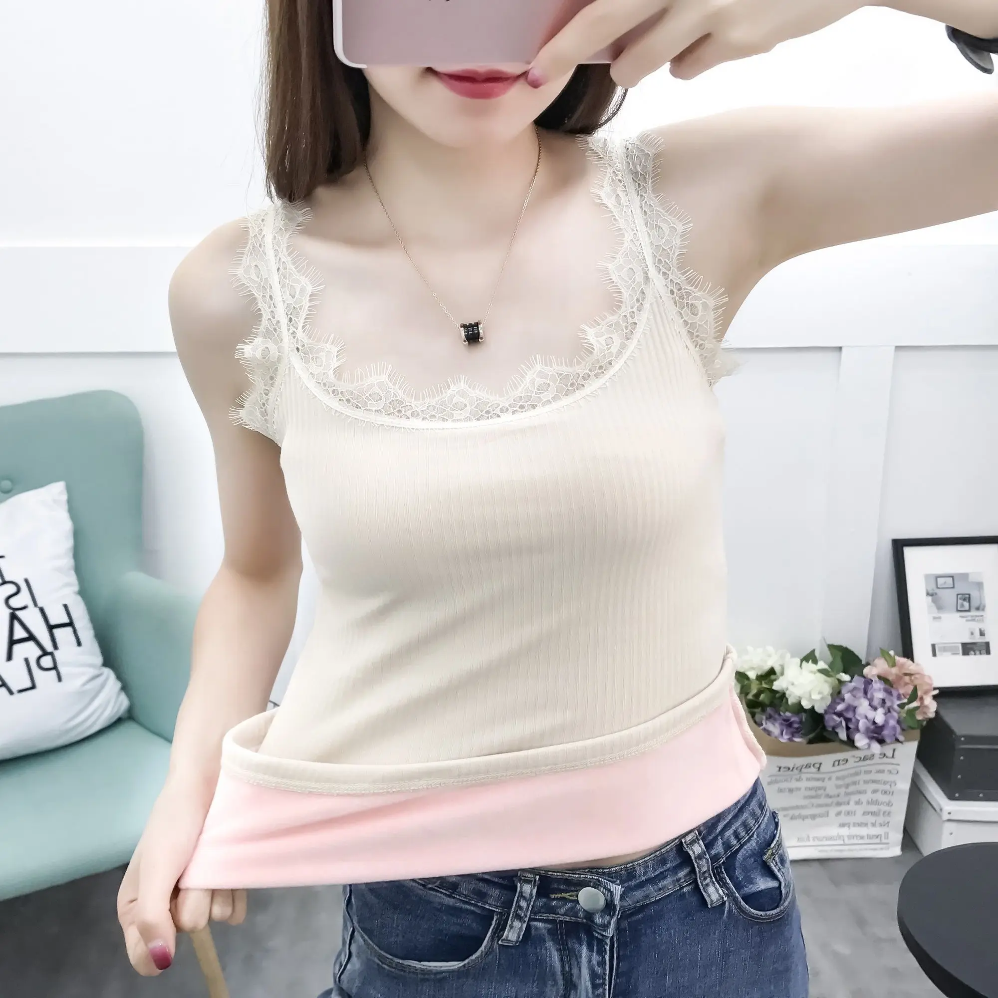 

Женский УТЕПЛЕННЫЙ ТОП, кружевной однотонный топ без рукавов, E153, Осень-зима, 2021