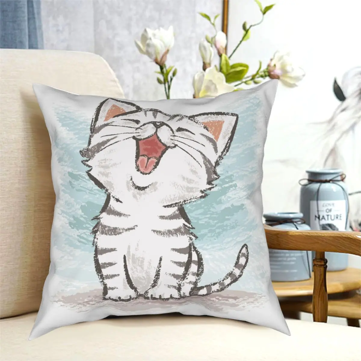 

American Shorthair Happy Pillowcase Polyester Pattern Zip Decorative Throw Pillow Case for Sofa Cushion Cover