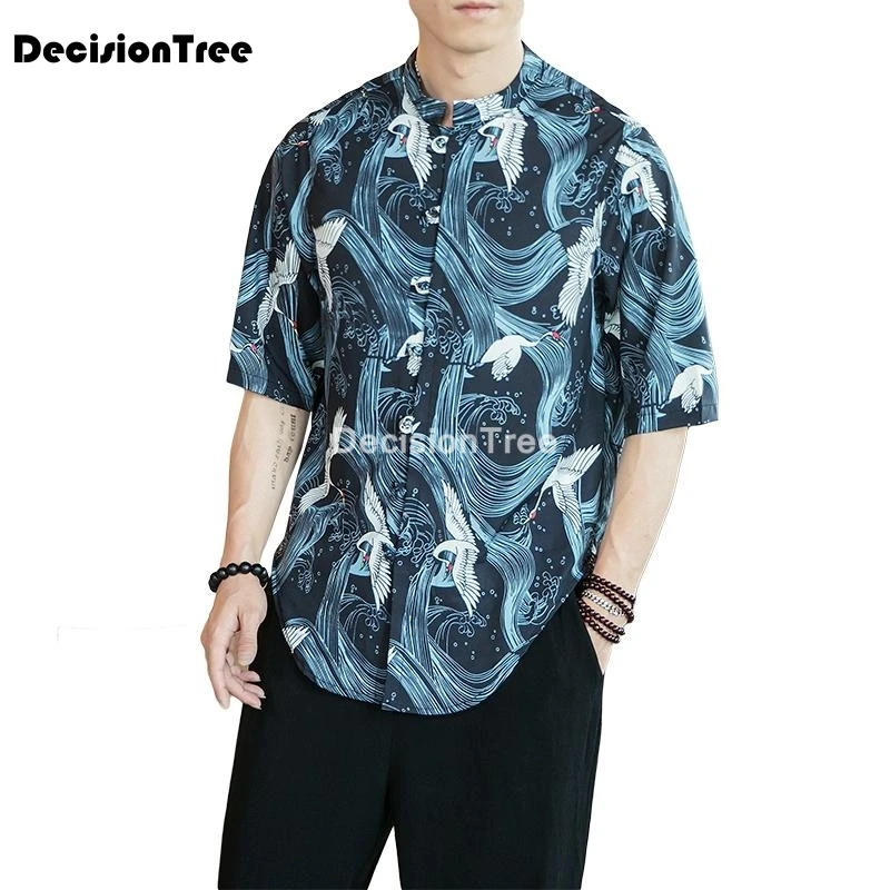 

2021 men's solid shirt half sleeve stand collar half open button casual top men's street wear camisa masculina