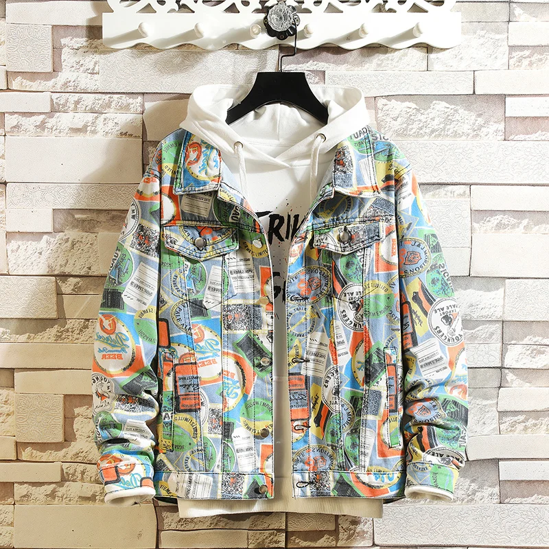 

Autumn Camouflage Graffiti Jeans Jacket Mens Japanese Comic Print Loose Jacket Streetwear Men Casual Hip Hop Loose Denim Jacket