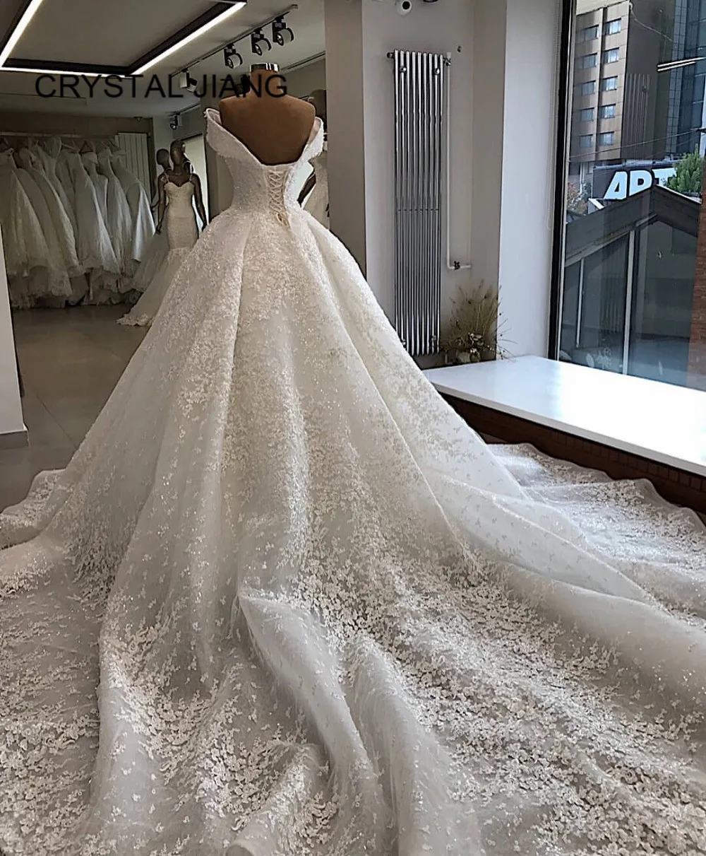 

New Arrival Off the Shoulder Luxury Ball Gown Wedding Dress Custom made High Quality Lace Big Train Bridal Wedding Gowns