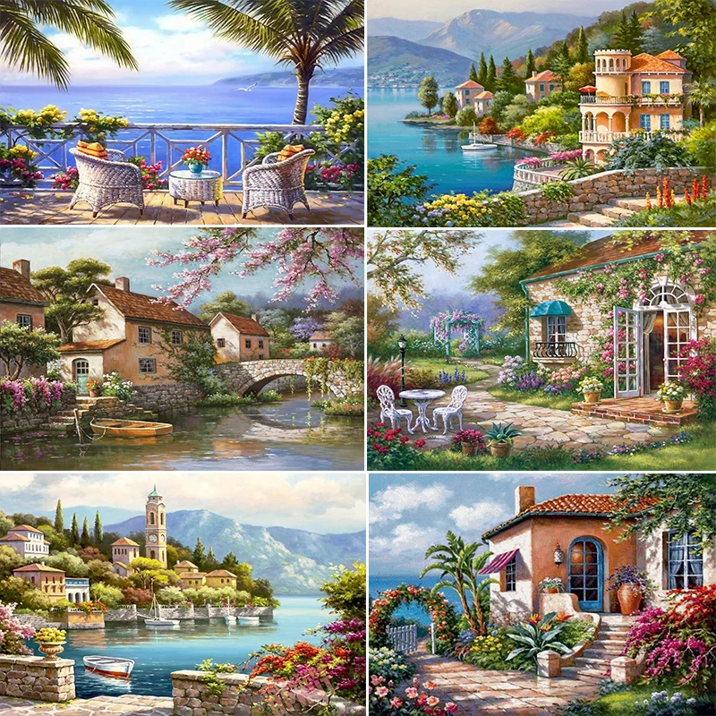 

Nordic Seaside Villa Natural Landscape Poster Prints Abstract Flowers and Plants Canvas Painting Living Room Wall Art Home Decor
