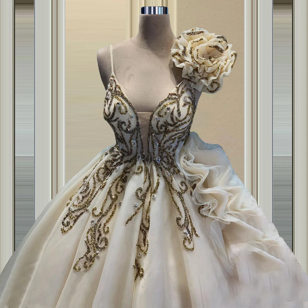 

Rhinestones Embellished Tulle Princess Wedding Dress for Bride High Quality robe manche longue FOW32918
