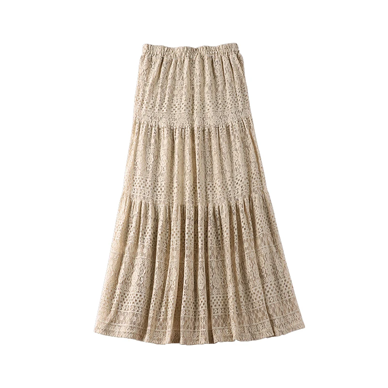 

2021 Summer New Elastic Waist Thin Pure Color Lace Casual All-Match A-Line Large-Length Mid-Length Half-Length Skirt