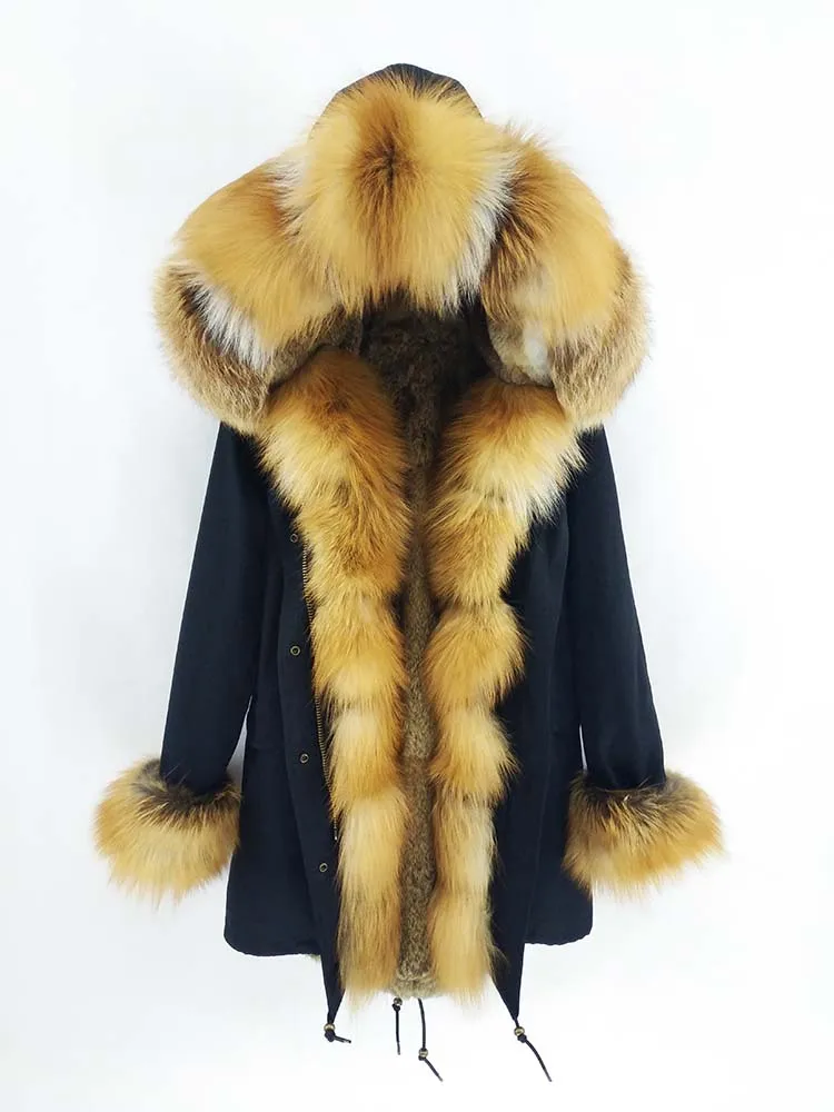 11 red fox fur Новое зимнее женское черное длинное пальто с синим серебряным лисьим меховым воротником серый кролик меховой вкладыш теплое плотное пальто - Цвет: 11 red fox fur