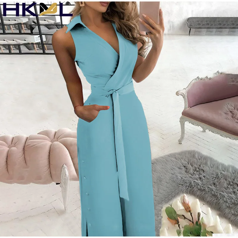 

2021 Woman New Jumpsuits Solid Side Split Sleeveless Deep V Turn-down Collar Office Casual Bodysuit Summer