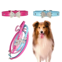 rhinestone bling leather dog cat collar leash crystal diamonds studded cute bowknot puppy small dogs collar puppy leash