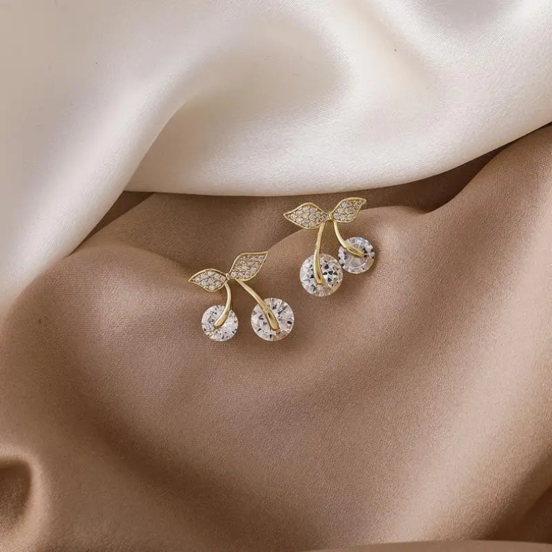 

xiaoboACC Zircon Crystal Cherry Stud Earrings Women Korean Fashion 2021 New Trendy Fashion Exquisite Small Earrings