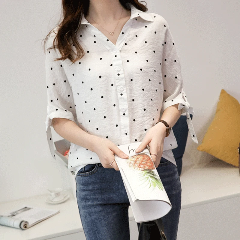 

2021 new plus size White linen blouse shirt fashion women tops and blouses 2021 Fall female shirt polka dot OL women blusas 5XL